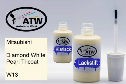 Mitsubishi, Diamond White Pearl Tricoat, W13: 20ml Lackstift + 20ml Klarlack - Set, von ATW Autoteile West.